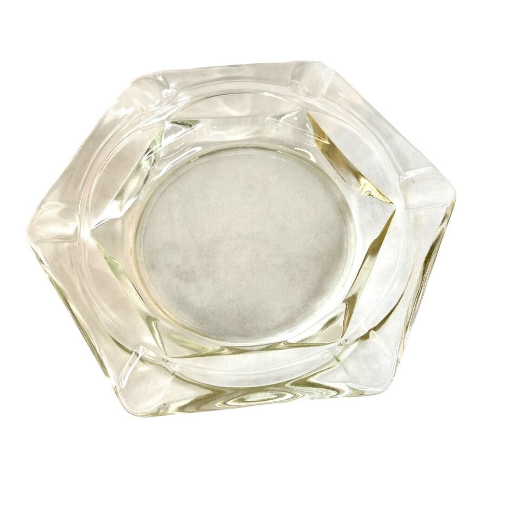 Heavy Clear Glass Cigar Ashtray Hexagon 6 Sides Slots 8.5 Inch MCM Vintage